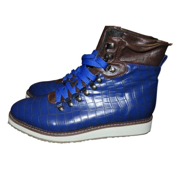 Croc Alligator Embossed Cobalt Blue Vegan Leather Jumper Hiking Boots 42 or 8.5 - Picture 1 of 10